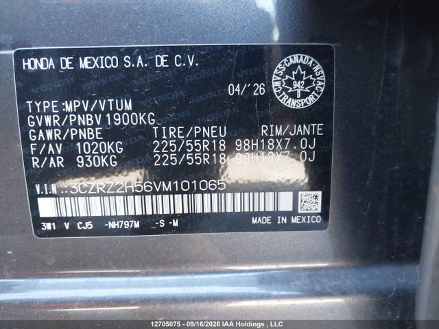 12705075 :رقم المزاد ، 3CZRZ2H56VM101065 vin ، 2027 Honda Hr-v Sport مزاد بيع