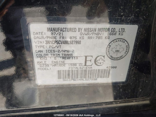 Продажа на аукционе авто 2021 Nissan Kicks Sv, vin: 3N1CP5CV4ML527998, номер лота: 12705081