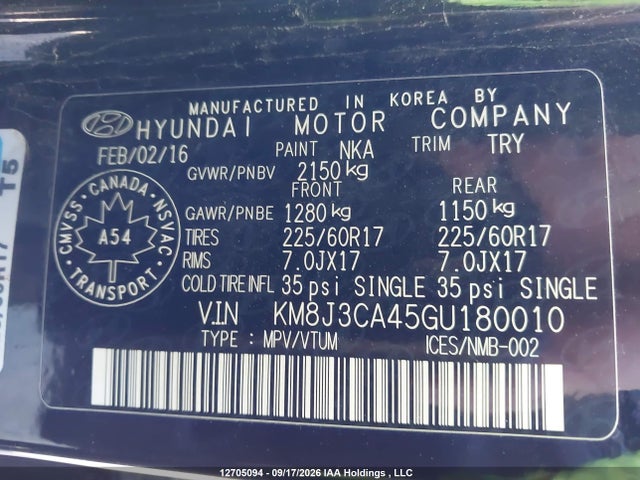 KM8J3CA45GU180010 Hyundai Tucson Limited/sport And Eco/se