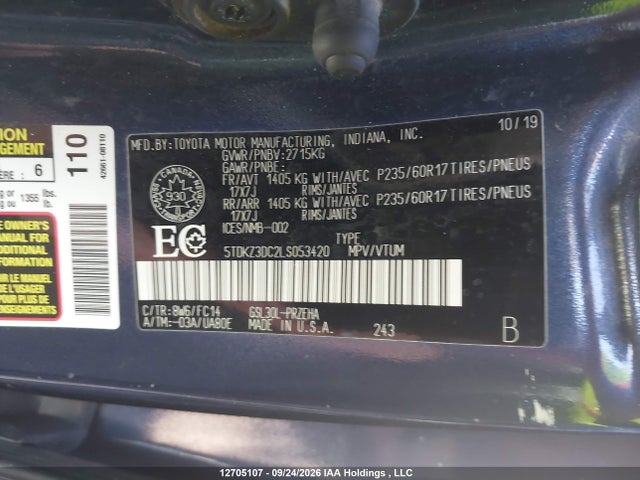 5TDKZ3DC2LS053420 Toyota SIENNA LE