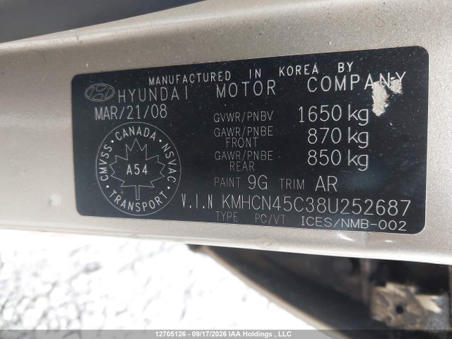 Aukcja sprzedaży 2008 Hyundai Accent Gl/gls/l, vin: KMHCN45C38U252687, numer aukcji: 12705126