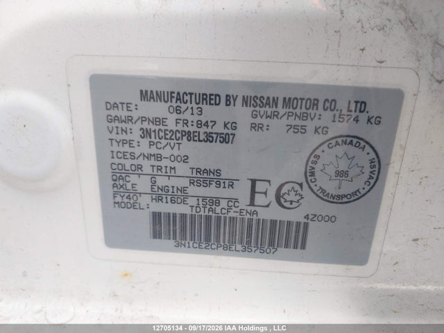 Aukcja sprzedaży 2014 Nissan Versa Note S/s Plus/sv/sl, vin: 3N1CE2CP8EL357507, numer aukcji: 12705134