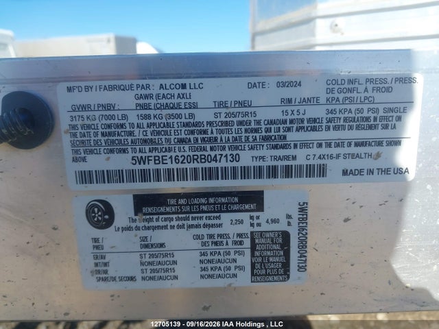 Aukcja sprzedaży 2024 Alcom Llc Utility Trailer C8, vin: 5WFBE1620RB047130, numer aukcji: 12705139