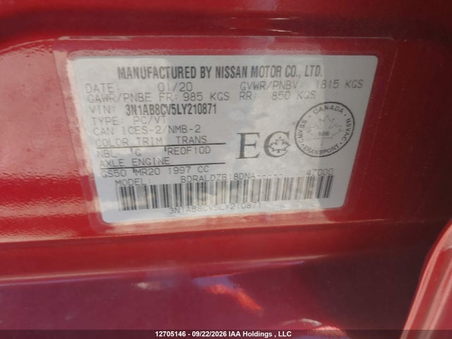 Продажа на аукционе авто 2020 Nissan Sentra Sv, vin: 3N1AB8CV5LY210871, номер лота: 12705146