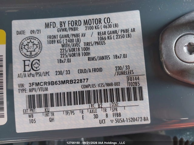 12705150 :رقم المزاد ، 3FMCR9B63MRB22877 vin ، 2021 Ford Bronco Sport Big Bend مزاد بيع