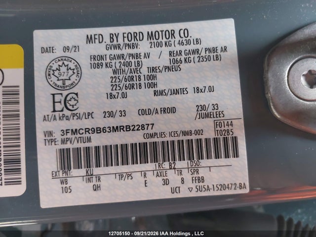 12705150 :رقم المزاد ، 3FMCR9B63MRB22877 vin ، 2021 Ford Bronco Sport Big Bend مزاد بيع