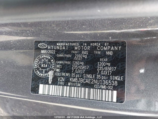 12705151 :رقم المزاد ، KM8JBCAE2NU136538 vin ، 2022 Hyundai Tucson Preferred Awd مزاد بيع