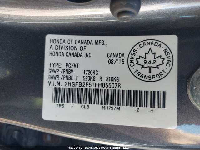 Honda Civic Lx 2015 2HGFB2F51FH055078 Image 9