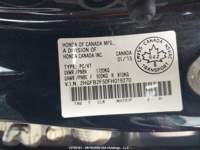 2015 Honda Civic Ex 4dr მანქანა იყიდება აუქციონზე, vin: 2HGFB2F50FH019270, აუქციონის ნომერი: 12705161
