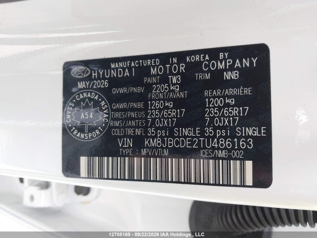 12705169 :رقم المزاد ، KM8JBCDE2TU486163 vin ، 2026 Hyundai Tucson Sel مزاد بيع