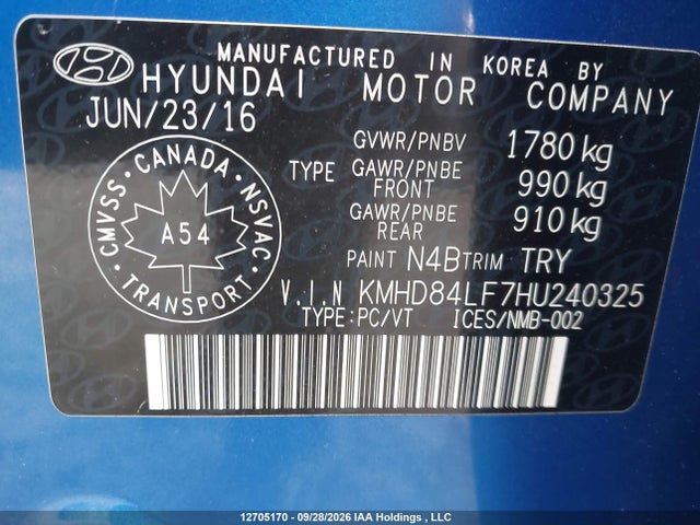 12705170 :رقم المزاد ، KMHD84LF7HU240325 vin ، 2017 Hyundai Elantra Gl مزاد بيع