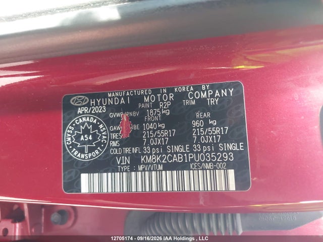 2023 Hyundai Kona Preferred Awd მანქანა იყიდება აუქციონზე, vin: KM8K2CAB1PU035293, აუქციონის ნომერი: 12705174