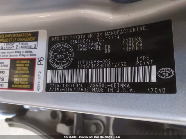Toyota CAMRY LE 2015 4T1BF1FK9FU012750 Image 9