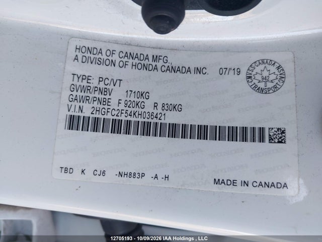 12705193 :رقم المزاد ، 2HGFC2F54KH036421 vin ، 2019 Honda Civic Lx مزاد بيع