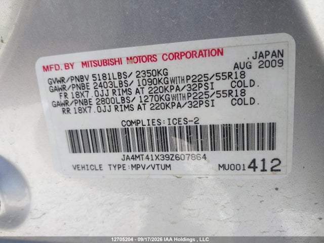 2009 Mitsubishi Outlander Xls მანქანა იყიდება აუქციონზე, vin: JA4MT41X39Z607864, აუქციონის ნომერი: 12705204