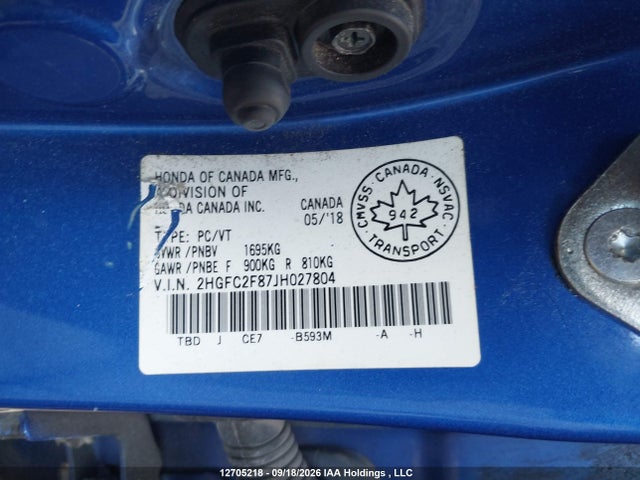 Honda CIVIC EX 2018 2HGFC2F87JH027804 Image 9