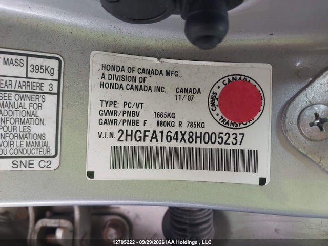 2008 Honda Civic Dx-g მანქანა იყიდება აუქციონზე, vin: 2HGFA164X8H005237, აუქციონის ნომერი: 12705222