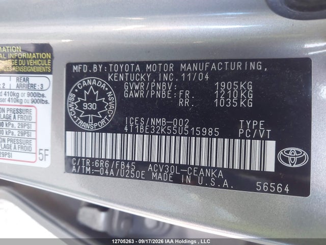 Продажа на аукционе авто 2005 Toyota Camry Le/xle/se, vin: 4T1BE32K55U515985, номер лота: 12705263