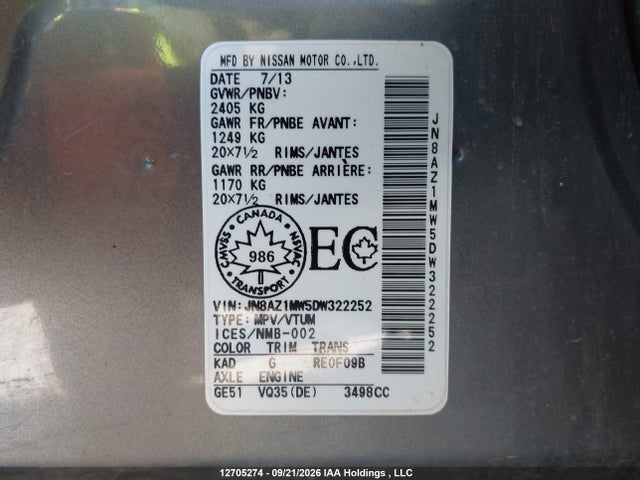Aukcja sprzedaży 2013 Nissan Murano S/sl/le, vin: JN8AZ1MW5DW322252, numer aukcji: 12705274