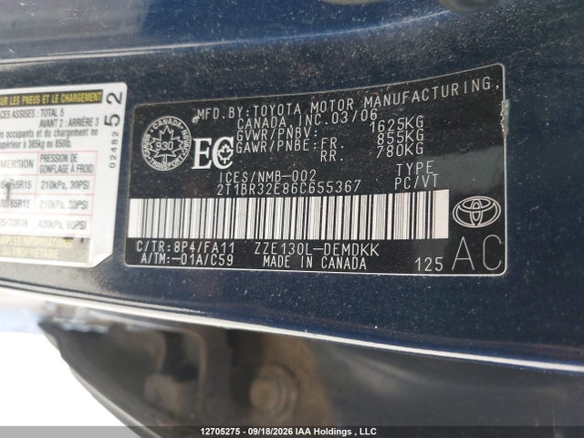12705275 :رقم المزاد ، 2T1BR32E86C655367 vin ، 2006 Toyota Corolla Ce/le/sport مزاد بيع