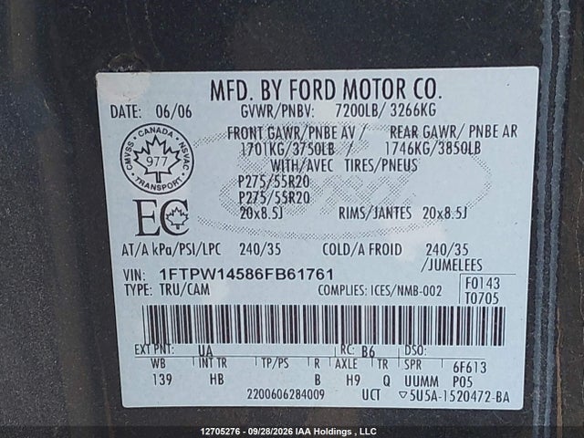 12705276 :رقم المزاد ، 1FTPW14586FB61761 vin ، 2006 Ford F150 Supercrew مزاد بيع