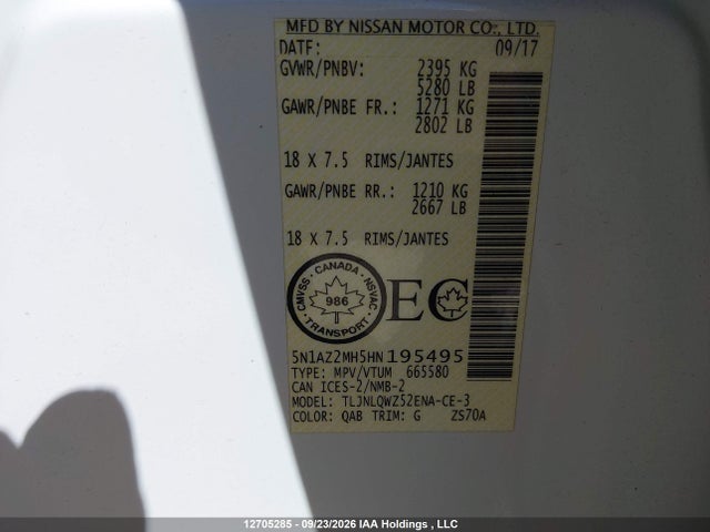 12705285 :رقم المزاد ، 5N1AZ2MH5HN195495 vin ، 2017 Nissan Murano S/sl/sv/platinum مزاد بيع
