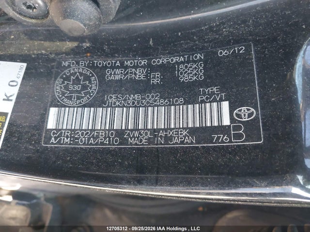 12705312 :رقم المزاد ، JTDKN3DU3C5486108 vin ، 2012 Toyota Prius مزاد بيع