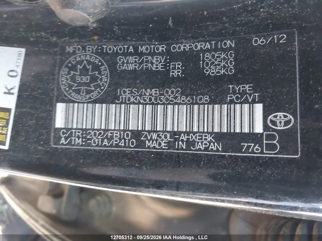 12705312 :رقم المزاد ، JTDKN3DU3C5486108 vin ، 2012 Toyota Prius مزاد بيع
