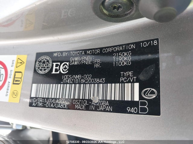 Auction sale of the 2019 Lexus Es350, vin: JTHBZ1B18K2003843, lot number: 12705330