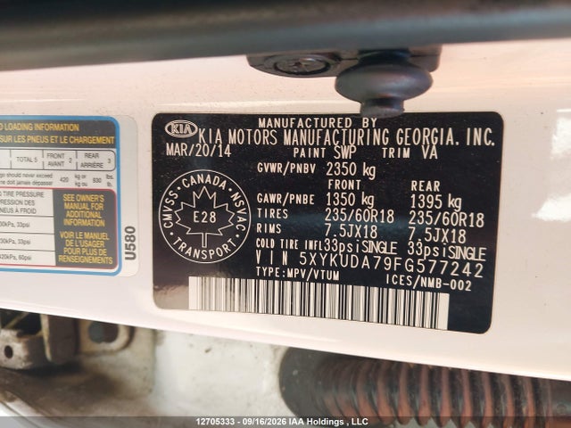 Продажа на аукционе авто 2015 Kia Sorento Ex V6, vin: 5XYKUDA79FG577242, номер лота: 12705333