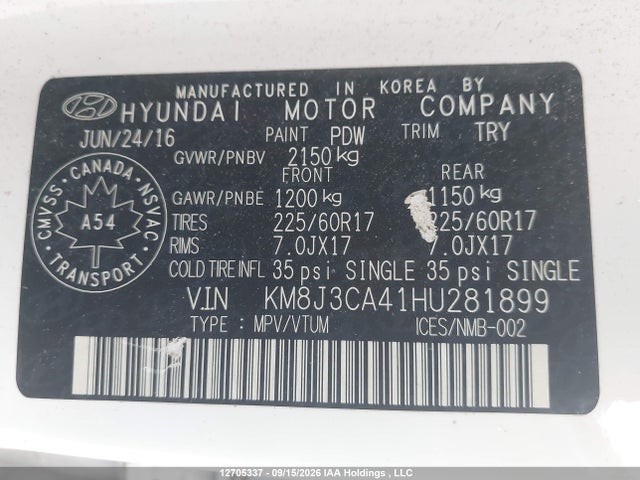 2017 Hyundai Tucson Premium მანქანა იყიდება აუქციონზე, vin: KM8J3CA41HU281899, აუქციონის ნომერი: 12705337