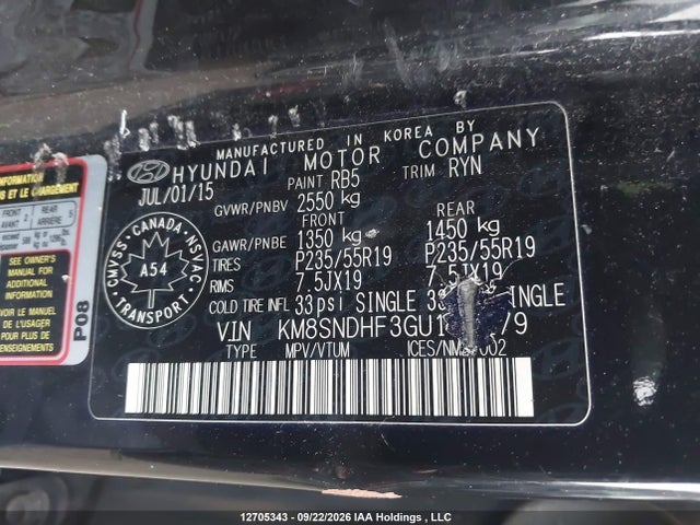 12705343 :رقم المزاد ، KM8SNDHF3GU141279 vin ، 2016 Hyundai Santa Fe Xl مزاد بيع