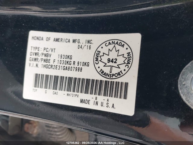 Aukcja sprzedaży 2016 Honda Accord Lx, vin: 1HGCR2E31GA807988, numer aukcji: 12705362