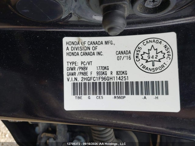 Honda Civic Touring 2016 2HGFC1F96GH114251 Image 9