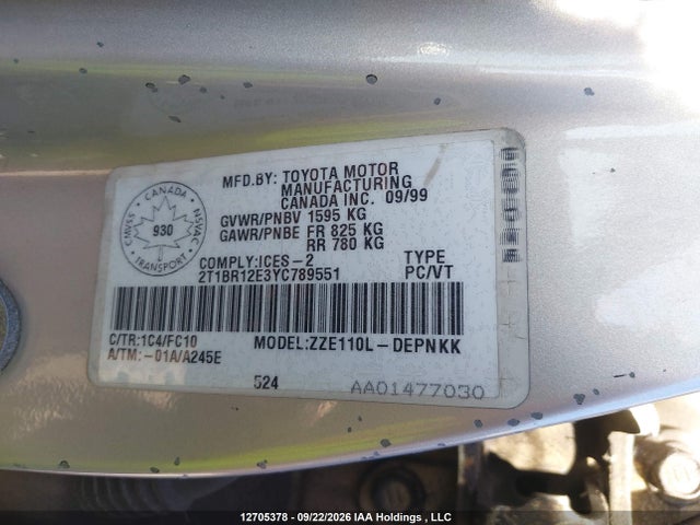 12705378 :رقم المزاد ، 2T1BR12E3YC789551 vin ، 2000 Toyota Corolla Ce/le مزاد بيع