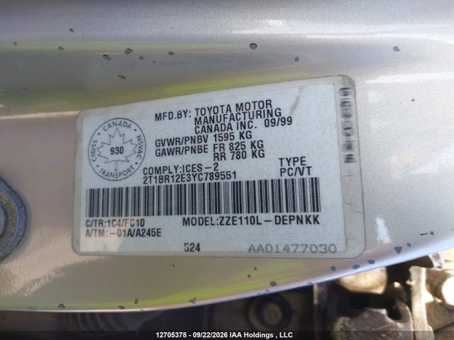 12705378 :رقم المزاد ، 2T1BR12E3YC789551 vin ، 2000 Toyota Corolla Ce/le مزاد بيع