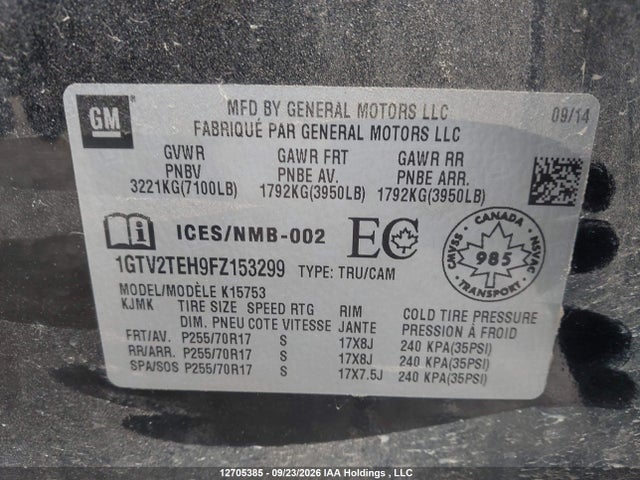 2015 Gmc Sierra 1500 მანქანა იყიდება აუქციონზე, vin: 1GTV2TEH9FZ153299, აუქციონის ნომერი: 12705385