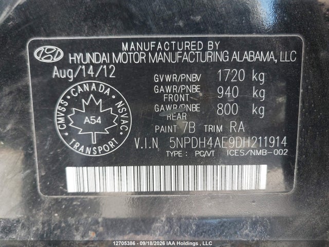 Aukcja sprzedaży 2013 Hyundai Elantra, vin: 5NPDH4AE9DH211914, numer aukcji: 12705386