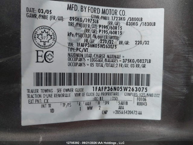 Aukcja sprzedaży 2005 Ford Focus Zxw, vin: 1FAFP36N05W263075, numer aukcji: 12705392