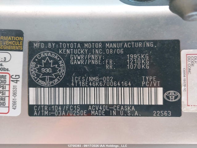 Продажа на аукционе авто 2007 Toyota Camry Le/se, vin: 4T1BE46K67U064164, номер лота: 12705393