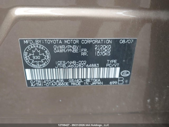 Aukcja sprzedaży 2008 Lexus Es350, vin: JTHBJ46G282164883, numer aukcji: 12705427