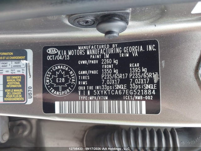 Aukcja sprzedaży 2014 Kia Sorento Lx/lx Premium/se, vin: 5XYKTCA67EG521884, numer aukcji: 12705433