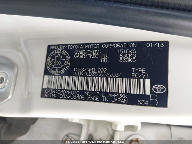 Aukcja sprzedaży 2013 Toyota Yaris, vin: JTDKTUD35DD562034, numer aukcji: 12705434