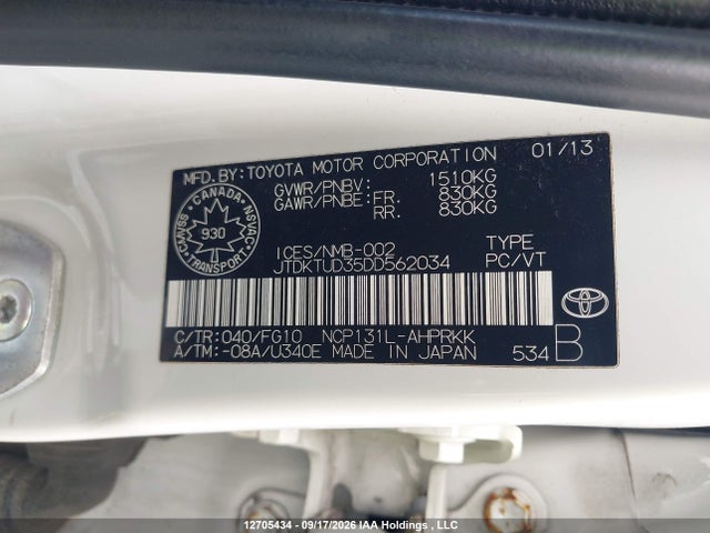 Aukcja sprzedaży 2013 Toyota Yaris, vin: JTDKTUD35DD562034, numer aukcji: 12705434