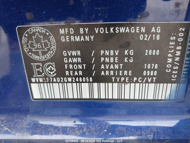 Продаж на аукціоні авто 2016 Volkswagen Golf R, vin: WVWLF7AU2GW246058, номер лоту: 12705442