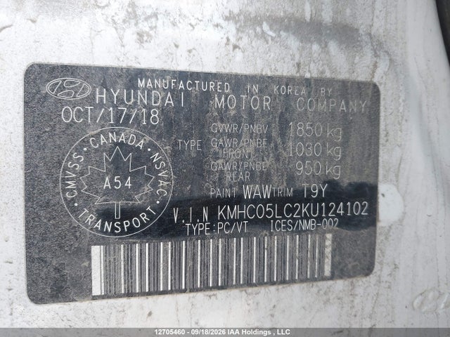 12705460 :رقم المزاد ، KMHC05LC2KU124102 vin ، 2019 Hyundai Ioniq مزاد بيع