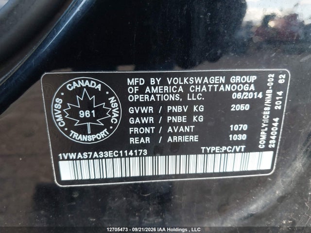 2014 Volkswagen Passat 1.8 Tsi Trendline მანქანა იყიდება აუქციონზე, vin: 1VWAS7A33EC114173, აუქციონის ნომერი: 12705473