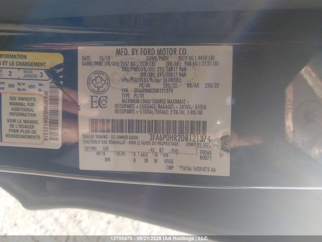 2013 Ford Fusion Se მანქანა იყიდება აუქციონზე, vin: 3FA6P0HR2DR121374, აუქციონის ნომერი: 12705475