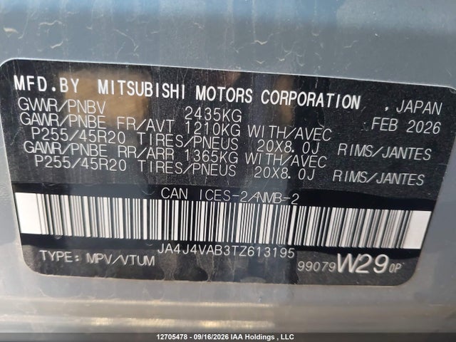 12705478 :رقم المزاد ، JA4J4VAB3TZ613195 vin ، 2026 Mitsubishi Outlander Se/trail Edition مزاد بيع