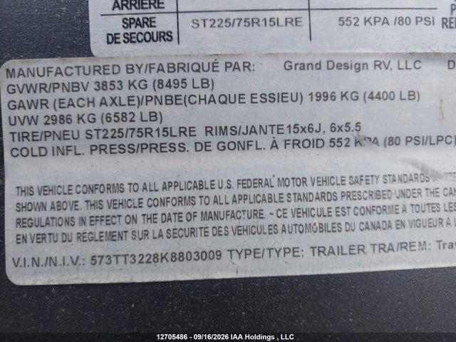 Продаж на аукціоні авто 2019 Grand Design Travel Trailer, vin: 573TT3228K8803009, номер лоту: 12705486